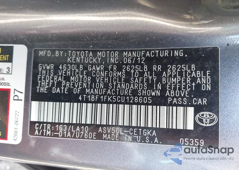 2012 Toyota Camry Xle from USA, damaged, VIN 4T1BF1FK5CU128605